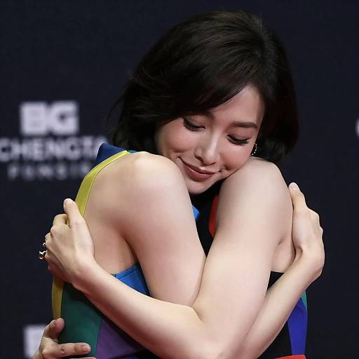 Woman hugging herself in colorful top