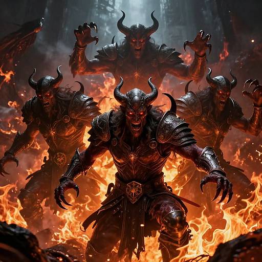 Digital artwork of a fierce, horned demon army emerging from fiery chaos, clad in dark, metallic armor with glowing red eyes.