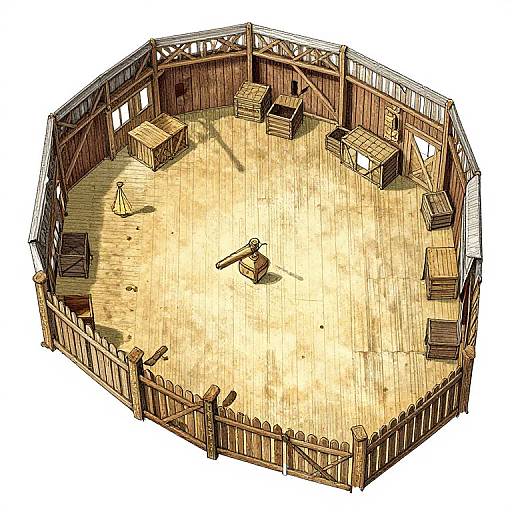 Aerial view of a wooden barn with a sandy floor, wooden crates, and a hammer in the center. The barn has a rustic fence surrounding it