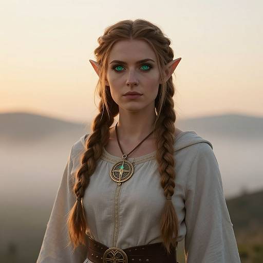 Photorealistic digital art of a young, fair-skinned elf woman with long braids, pointed ears, glowing green eyes, wearing a white shirt