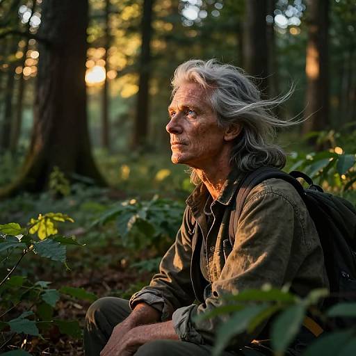 Photograph of an elderly man with gray hair, wearing a green jacket and backpack, sitting in a sunlit forest, looking pensively into the distance
