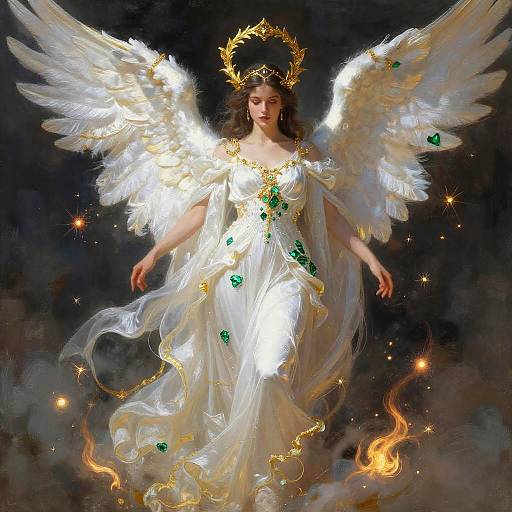 Digital painting of a celestial woman with golden halo, white angel wings, green gem-embellished gown, floating amidst glowing stars and flames.