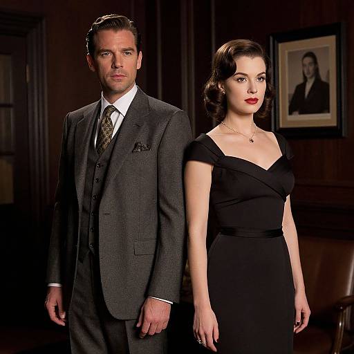 Photograph of a 1940s-style fashion show featuring a tall, handsome man in a gray suit and tie, and a beautiful woman in a