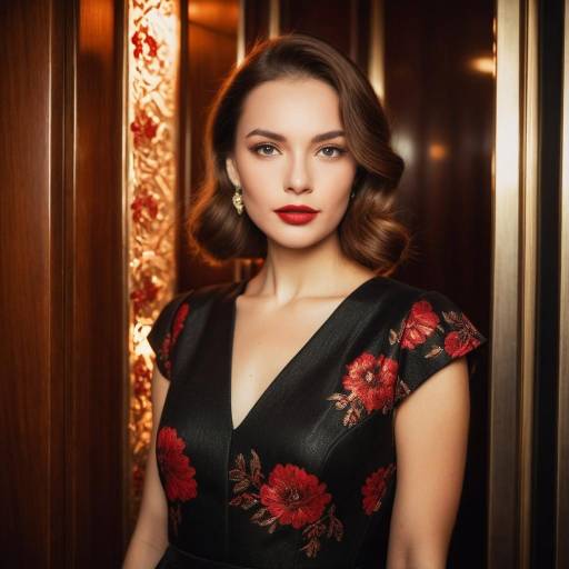 Elegant Woman in Black Floral Dress Indoors