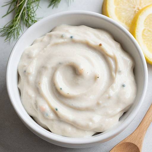Top-down photograph of a white bowl filled with creamy, speckled herb dip, accompanied by a slice of yellow cheese and green sprigs, on