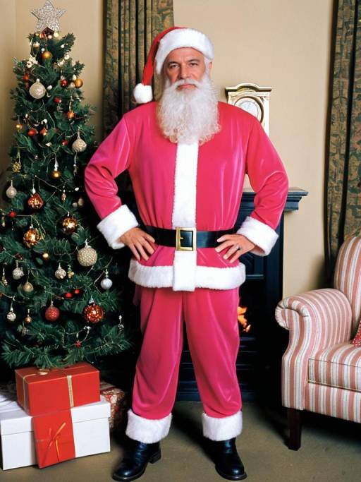 Cheerful Pink Santa Outfit by Christmas Tree
