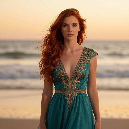 Photograph of a beautiful red-haired woman with long, wavy hair, wearing a deep V-neck, teal dress with gold embroidery, standing on a