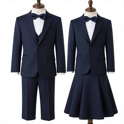 Photograph of two black suits on wooden mannequins; one with trousers, the other with a knee-length skirt, both with black bow ties