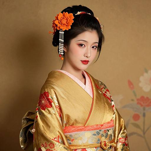 Elegant Gold Kimono Woman Illustration