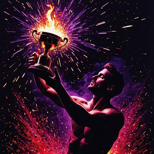 Man Holding Flaming Trophy with Fiery Sparks