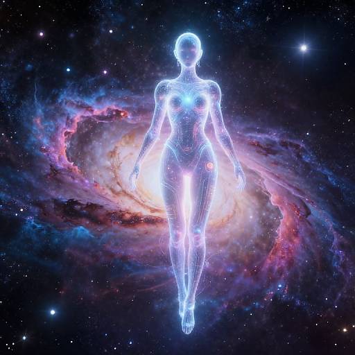 Digital art of a glowing, neon blue, wireframe human figure floating against a vibrant, colorful galaxy with swirling nebulae.