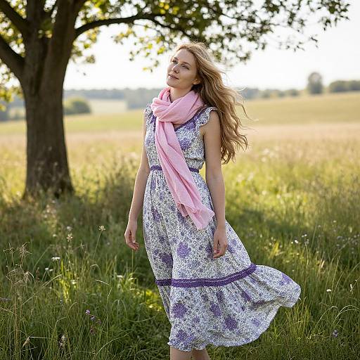 Woman in Floral Dress with Pink Scarf in Meadow