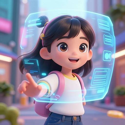 CGI image of a cute, smiling Asian girl with black hair, wearing a white shirt and denim shorts, holding a glowing, neon-blue holographic
