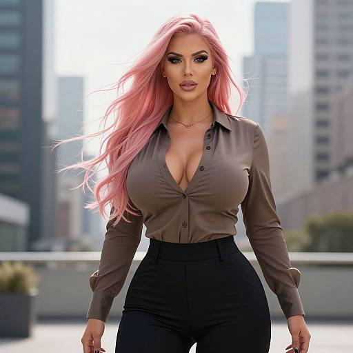 Digital artwork of a confident woman with pink hair, large breasts, wearing a deep V-neck brown blouse and black high-waisted pants, standing on
