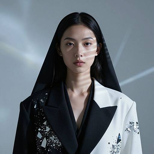 Photograph of an Asian woman with long black hair, wearing a black and white jacket with splattered patterns, against a gray background with light rays.