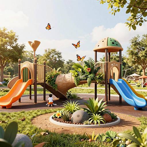 Photograph of a sunny playground with colorful slides, a climbing structure, butterflies, and a lush garden with plants and rocks.