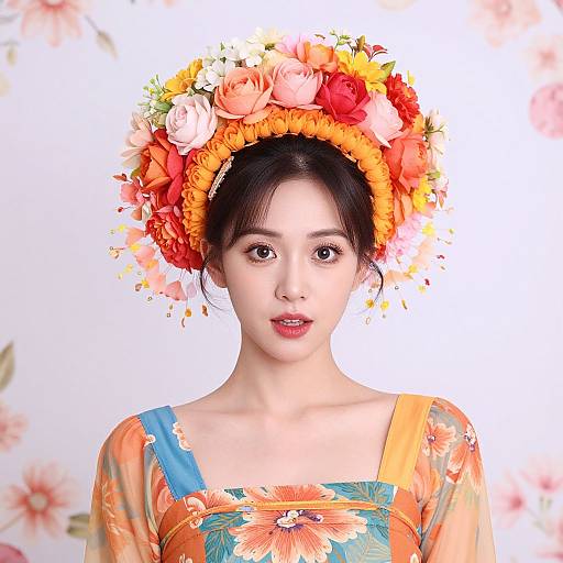 Photograph of an Asian woman with fair skin, black hair in an updo, wearing a vibrant floral crown and dress with orange and blue patterns,