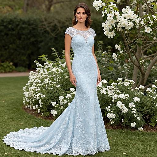 Photograph of a beautiful woman with long brown hair in a white lace, short-sleeve, form-fitting wedding dress, standing in a lush
