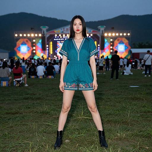 Photograph of an Asian woman with straight black hair, wearing a teal, short-sleeved, embroidered romper and black ankle boots, standing on