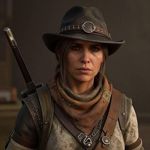 Digital CGI of a serious, brown-eyed woman with dark hair, wearing a dusty brown hat, leather armor, and scarf, carrying a sword on her