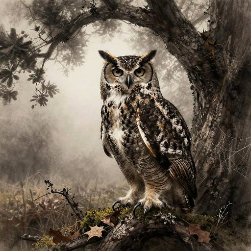 Digital painting of a detailed, wide-eyed owl perched on a moss-covered tree branch, surrounded by foggy forest background. The owl's feathers are