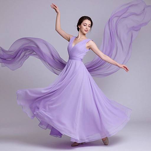 Photograph of a graceful Asian woman in a flowing, lavender chiffon dress, dancing with arms raised, and long, billowing fabric, against a