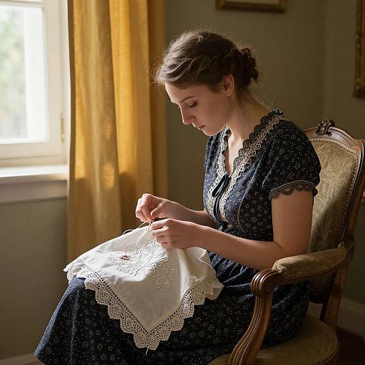 Photograph of a young woman with brown hair in an updo, wearing a blue polka-dot dress, intently sewing a white lace apron