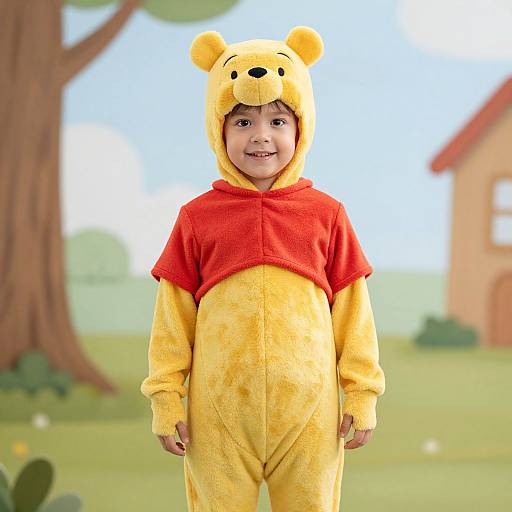 Photograph of a smiling young boy in a yellow Winnie the Pooh costume with red shirt, standing outdoors in a colorful, cartoonish background.