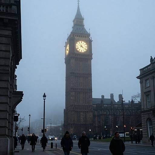 Photograph of London's foggy Big Ben at dusk, with illuminated clock face, blurred pedestrians, and misty streetlights in the background.