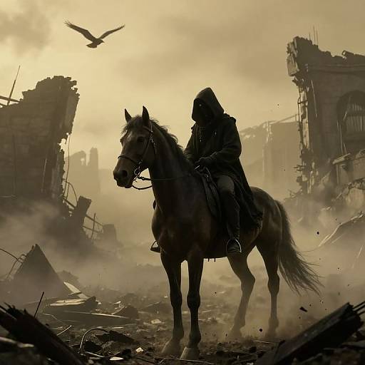 Digital art: Silhouetted hooded rider on brown horse amidst ruined, foggy cityscape with broken buildings and flying bird at sunset.