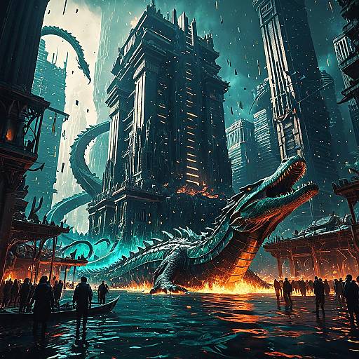 Ancient Atlantis City Under Siege by Bioluminescent Serpent