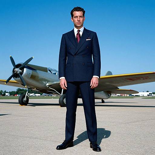 Photograph of a handsome, dark-haired man in a black double-breasted suit, white shirt, and red tie, standing in front of a silver