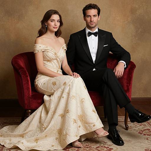Elegant Couple on Luxurious Velvet Chair