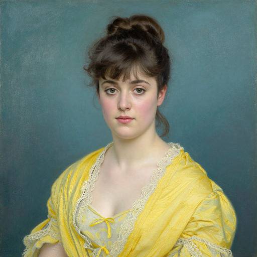 Painting of a young woman with fair skin, dark hair in a bun, wearing a yellow dress with white lace trim, against a blue background.