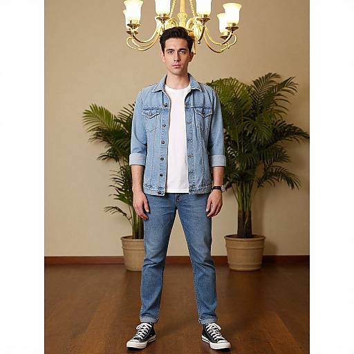 Photograph of a young man standing in a room with wooden floors, wearing a light blue denim jacket, white t-shirt, blue jeans, and black