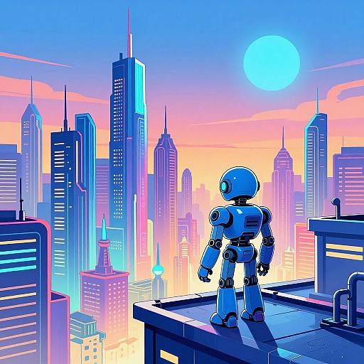 Digital artwork of a blue robotic figure standing on a rooftop, gazing at a neon-lit, futuristic cityscape at sunset.