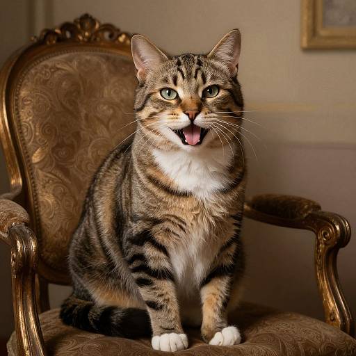 Photograph of a tabby cat with green eyes and white chest, sitting on an ornate, gold-accented, brown-patterned armchair