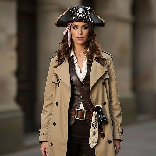 Photograph of a woman in a pirate costume, wearing a black tricorn hat, beige coat, white shirt, black vest, with a pink ribbon