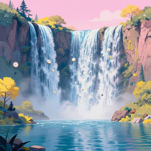 Digital illustration of a vibrant waterfall cascading into a calm blue pool, surrounded by yellow and green foliage, with mist and floating orbs, set against a