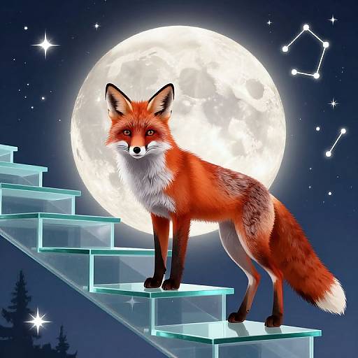 Digital artwork of a red fox with bright eyes standing on transparent stairs against a full moon, starry night sky, and constellation. The fox has a