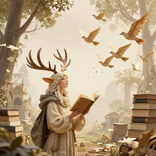 Fantasy photograph of a blonde woman with deer antlers, wearing a rustic cloak, reading a book amidst flying birds and stacks of books in a sun