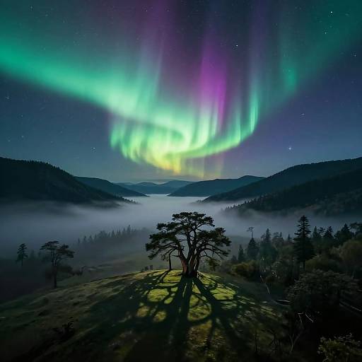 Photograph of a lone tree on a misty hill, under a vibrant display of green and purple Northern Lights, with starry sky overhead.
