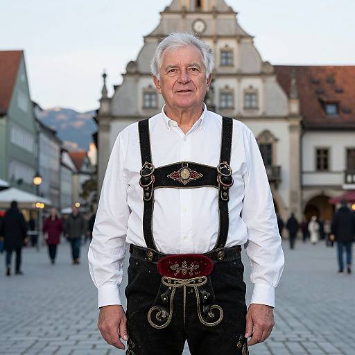 Elderly man with white hair, wearing a white shirt and black lederhosen, stands in a historic European town square with ornate buildings