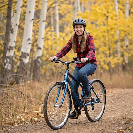 Photograph of a smiling woman with long brown hair, wearing a black helmet, red plaid shirt, and blue jeans, riding a blue bicycle on