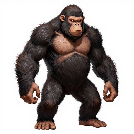 Digital illustration of a muscular, black-furred, humanoid gorilla with a stern expression, light brown chest, and fists clenched, set against a