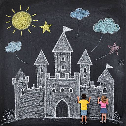 Chalk drawing of two children, one in yellow shirt, one in pink, drawing a castle with sun, stars, and clouds on blackboard.