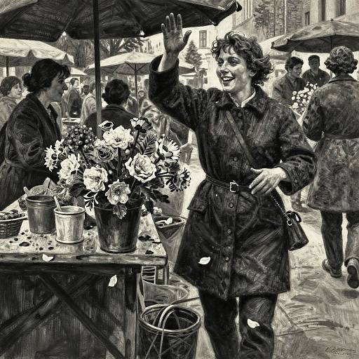 Charcoal Painting of Flower Vendor in Market