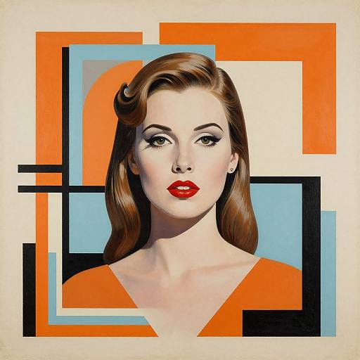 Digital pop art portrait of a fair-skinned woman with red lipstick, brown wavy hair, and orange dress, set against geometric shapes in orange,