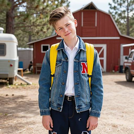 Photograph of a young boy with short brown hair, wearing a denim jacket, white shirt, and yellow backpack, standing in front of a red barn