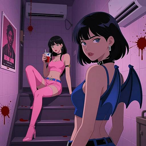 Digital illustration of two women in tiled room